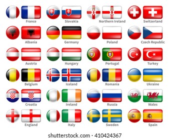 Set of Icon Flags of the 24 Participant Countries That Will Play in France in final of the European Soccer Tournament 2016. Icons are in Two Shapes Circle and Rectangle. Vector Illustration.