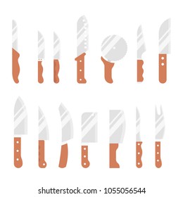 Set icon flat kitchen steel knife with wooden handle
