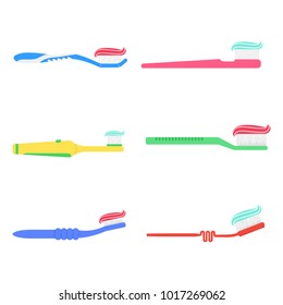Set icon flat toothbrush with toothpaste isolated on white