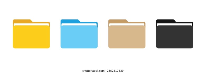 Set of icon folder computer file colourful document binder data archive. File folder vector icons. Office folder icon with documents. Folder for reports and archive cases. Vector Illustration