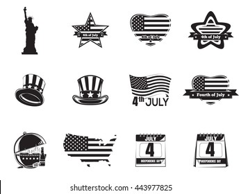 Set icon for Fourth of July. Independence Day icon. Statue of Liberty, calendar with the date July 4, Uncle Sam hat, heart, star shaped American (USA) flag. Vector icon isolated on white background