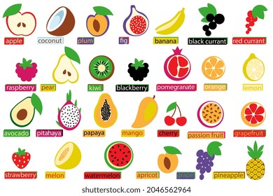 Set icon of fruits and berries. Collection of fruit and berry for design. Cartoon style. Vector illustration.