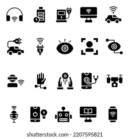 Set Of Icon Futuristic Technology With Glyph Style. Contains such Icons as Virtual Reality, Camera, Wireless, Etc. 