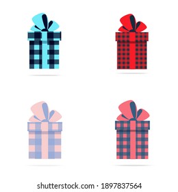 Set von Symbolgeschenkbox mit karierten Mustern. Muster bei Armbanduhr. Flache Illustration. Vektorgrafik