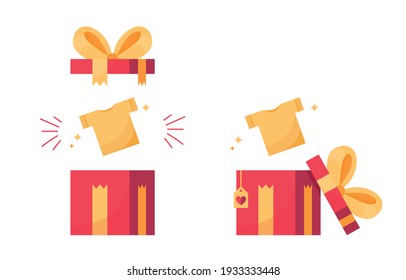 Set icon gift box present with t-shirts. Surprise for holiday, New Year, Christmas, xmas, Valentine day's and Birthday. Open gifts with ribbon and bow. Red and Yellow. Eps 10