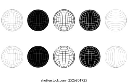 Globales Gitter für Symbol festlegen. Gestreifter Globus, Breiten- und Längenraster. Retro futuristisches Design. Vektorgrafik