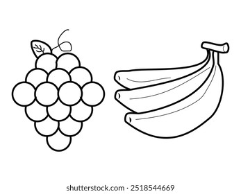 Conjunto icono de uva y fruta de plátano. Icono de uva y plátano con contorno negro para la silueta y se puede utilizar para otros productos o símbolos, incluida la colección de frutas para el postre u otros.