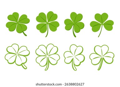 Set of icon Green cloverleaf isolated on a white background. Vector illustration cartoon flat