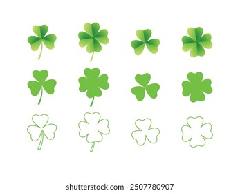 Set of icon Green shamrock, cloverleaf, luck, clover symbols. Good luck with the leaf clover flat icon set isolated on a transparent background.