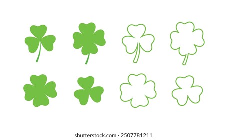 Set of icon Green shamrock, cloverleaf, luck, clover symbols. Good luck with the leaf clover flat icon set isolated on a transparent background.