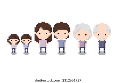 Set of Icon growing couple from boy - girl, man - woman, old couple, Pixel 8-bit style