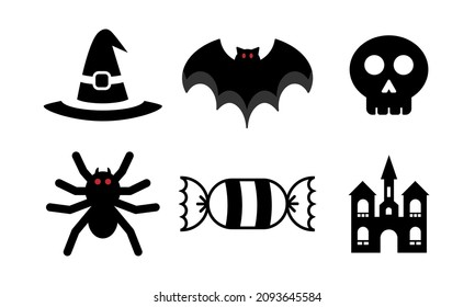 Set icon halloween black and white. Vector illustration Witch hat, Bat, Skull, Spider, Candy, Castle. Logo, eps 10. 