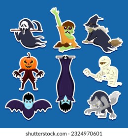 Set of icon halloween stickers. Grim reaper, zombie, witch, pumpkin, dracula, mummy, wolf. Vector eps 10