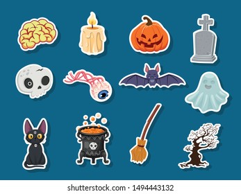 Set of icon halloween stickers. pumpkin, ghost, brain, bat, skull, gravestone, tree, candle, broom, eyeball, cat, witches cauldron. Vector illustration