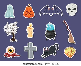 Set of icon halloween stickers. pumpkin, ghost, brain, bat, skull, gravestone, tree, candle, broom, eyeball, cat, witches cauldron. Vector illustration
