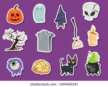 Set of icon halloween stickers. pumpkin, ghost, brain, bat, skull, gravestone, tree, candle, broom, eyeball, cat, witches cauldron. Vector illustration
