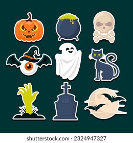 Set of icon halloween stickers. Pumpkin, cauldron, skull, eye bat, ghost, cat, hand, tombstone, bat. Vector eps 10