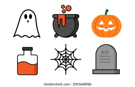 Set icon halloween. Vector illustration Ghost, Couldron, Pumpkin, Potion, Spider webs, Tombstone. Logo, eps 10.