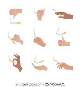 Set of icon of hands with cigarette in various gesture. Smoker arm holding burning cig, broken cigara butt. Unhealthy habit, Good health without smoking, World No Tobacco Day. Vector illustration