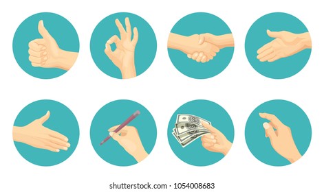 Set of icon hands in different gestures emotions and signs in flat style. Vector flat  illustration.