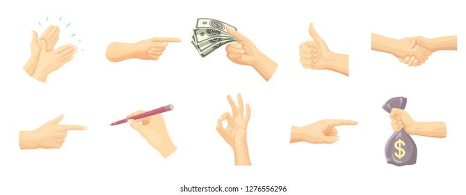 Set of icon hands in different gestures emotions and signs in flat style. Vector illustration. Isolated on white background.