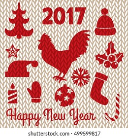 Set icon for Happy New Year design on knitting texture