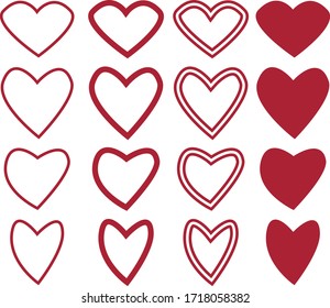 Set icon heart of different shapes in red. Flat infographics. Vector illustration.