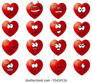 Set icon of hearts. Many vector hearts with smile, laughter, anger, malice, cry, love, hate and others