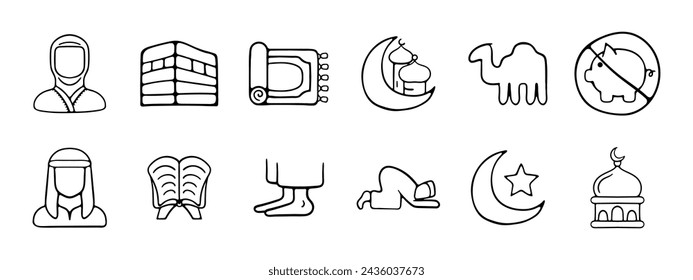 T?rkiye set icon. Hijab, wall, carpet, camel, symbol of Turkey, prayer, domes, buildings, book, haram, bare feet, prohibition, headdress. Vector line icon on white background.