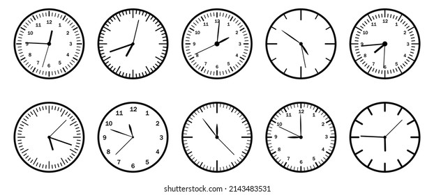 Set of icon of hours different formy on white background. Vector illustration of time, stopwatch, clock in flat style.