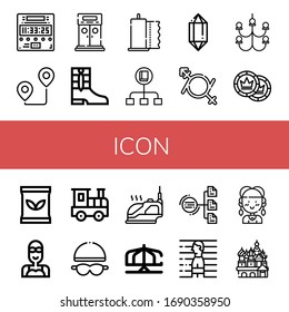Set of icon icons. Such as Digital clock, Route, Entrance, Boots, Paper towel, Flow, Crystal, Gender fluid, Chandelier, Tokens, Seed bag, Swimmer, Railroad, Goggles , icon icons