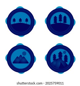 Set icon illustration about  a camp in a mountain with blue gradient, there are a trees, mountain, moon.