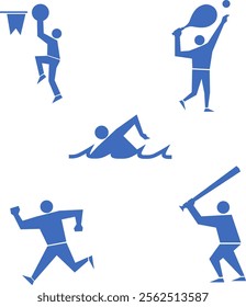 A set of icon illustrations for basketball, tennis, swimming, track and field, baseball, and sports events