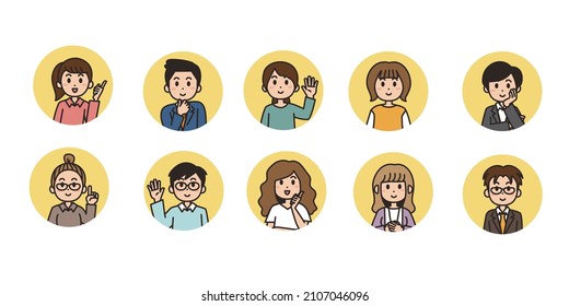 A set of icon illustrations of a business person with a smiling face. Vector illustration on white background.