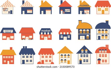 Un conjunto de ilustraciones de iconos para el exterior de tiendas y edificios residenciales