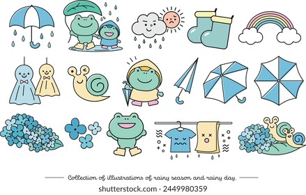 Set of icon illustrations of pop frogs, hydrangeas and umbrellas for the rainy season and June.