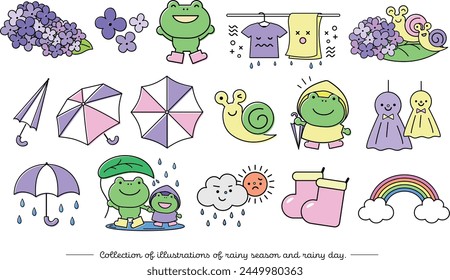 Set of icon illustrations of pop frogs, hydrangeas and umbrellas for the rainy season and June.