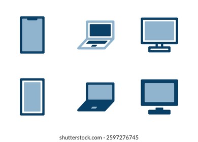 Set of icon illustrations of a smartphone, laptop and desktop computer. 6 icons illustrations.