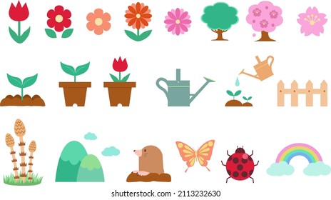 Set of icon illustrations of spring plants and creatures