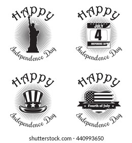 Set icon for Independence Day. Happy Independence Day. Statue of Liberty, calendar with the date July 4, Uncle Sam hat, heart shaped American (USA) flag. Vector icon isolated on white background