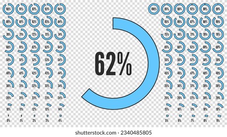 Set of icon for infographic. Big percent collection for user interface UI or business infographic. Percentage circle diagrams from 0 to 100. Black and blue shapes. Vector illustration. Transparent bg