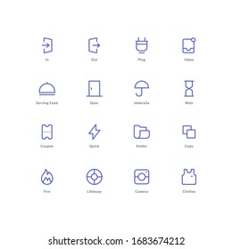 Set Icon in,out,inbox,plug,serving,food,door,umbrella,wait,coupon,quick,folder,copy,lifebuoy,camera,clothes Line Style Icon Design Vector illustration