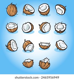 Set icon of isolated cartoon coconuts