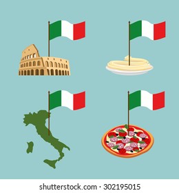 Set icon Italy. Flag and map, pasta and pizza.