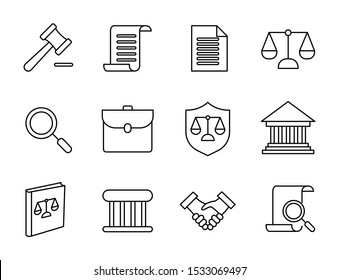 Set icon of law and justice, arrest, authority, courthouse, outline icon vector.