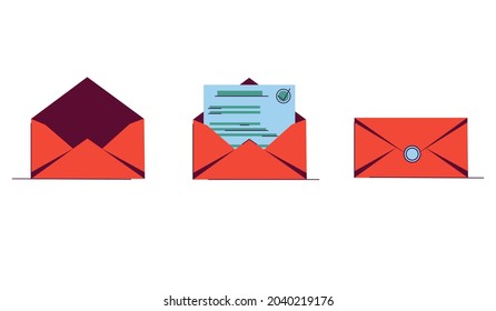 Set icon with let-ter in a orange  envelope for website. email marketing isolated on white background in flat design. sent by mail. Notification about message.	
