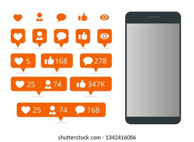 Set of icon like, icon follower icon comment and phone. Communication in social networks. Screen with modern gradient.
