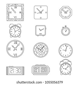Set icon line modern and retro wall clock and alarm clock