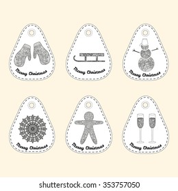 Set of icon with line ornament. Christmas collection. Doodle illustration.