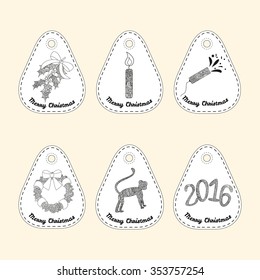 Set of icon with line ornament. Christmas collection. Doodle illustration.